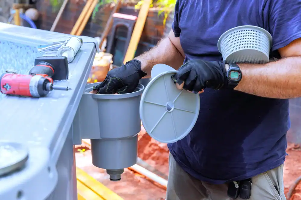 A person wearing black gloves performs maintenance on a pool filter, holding the filter lid and basket next to a pool, with tools and a power drill nearby.